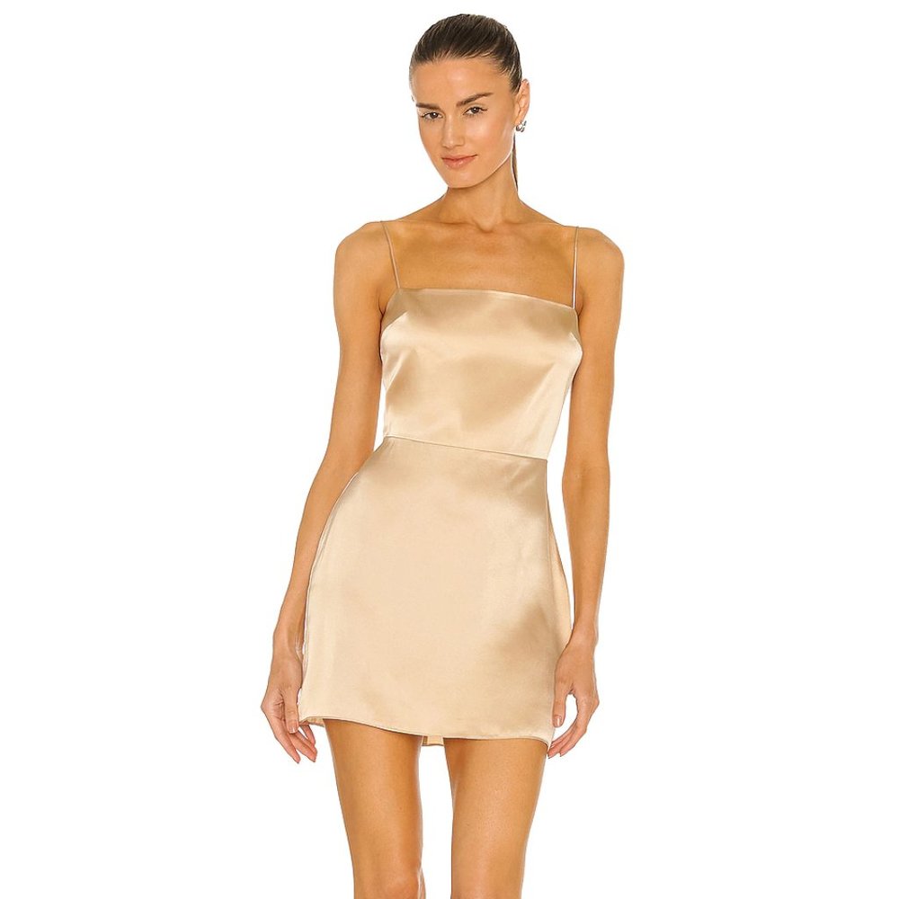 Amanda Uprichard Avani Mini Dress in Earth - XS XSmall Gold Silk Satin Nude Slip
